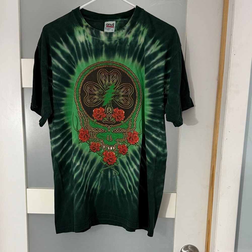 Anvil Dark Green Tie-Dye Grateful Dead Style Rose Skull Tee